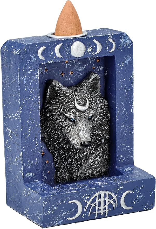 Pacific Giftware 4" Tall Moon Phase Backflow Incense Burner for Spiritual Home Decor, Wolf Figurine