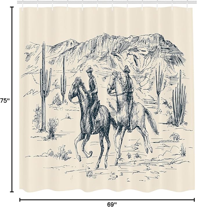 Ambesonne Western Shower Curtain, Country Theme Hand Drawn Illustration of American Wild West Desert with Cowboys, Cloth Fabric Bathroom Decor Set with Hooks, 69" W x 75" L, Slate Blue