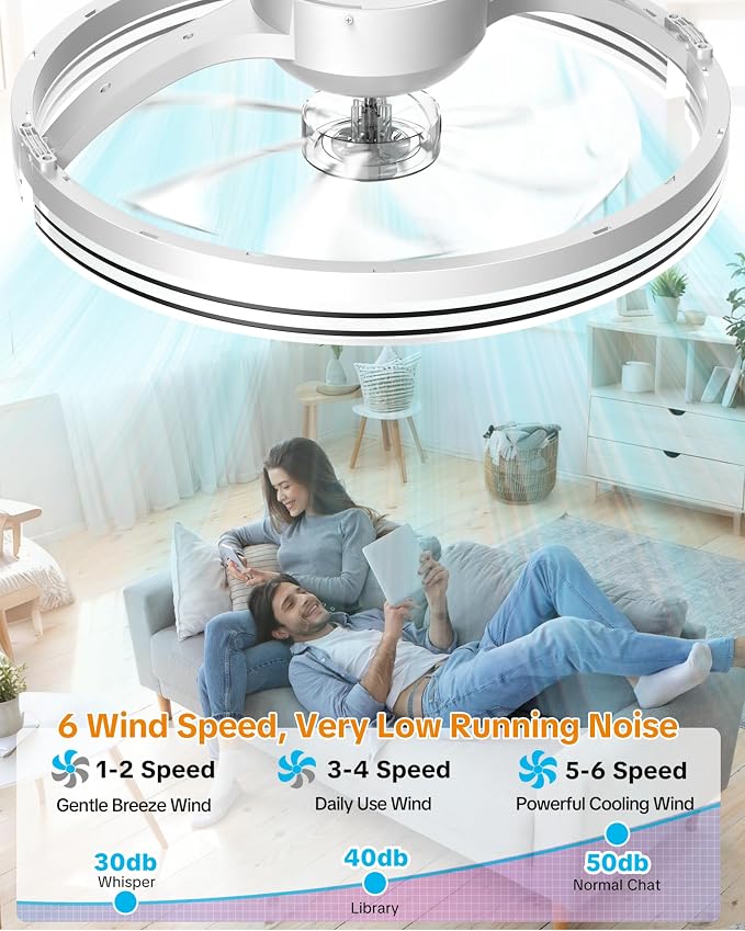 Ceiling Fans with Lights and Remote, Low Profile Ceiling Fan, Morden Flush Mount LED Fan Light, 3000K-6500K Dimmable for Bedroom, Kitchen, Living Room, Striped, White