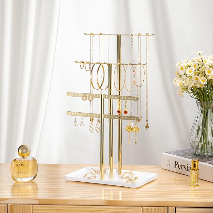 pickpiff Jewelry Organizer: 14.5" Sturdy Stand for 80 Pcs Jewelry, Shiny Gold