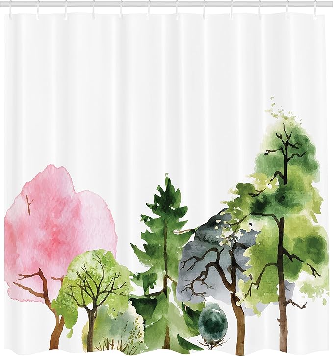 Ambesonne Forest Shower Curtain, Colorful Forest with Oak and Willow Growth Purity Nobility in Mother Earth Theme Art, Cloth Fabric Bathroom Decor Set with Hooks, 69" W x 70" L, Green Magenta