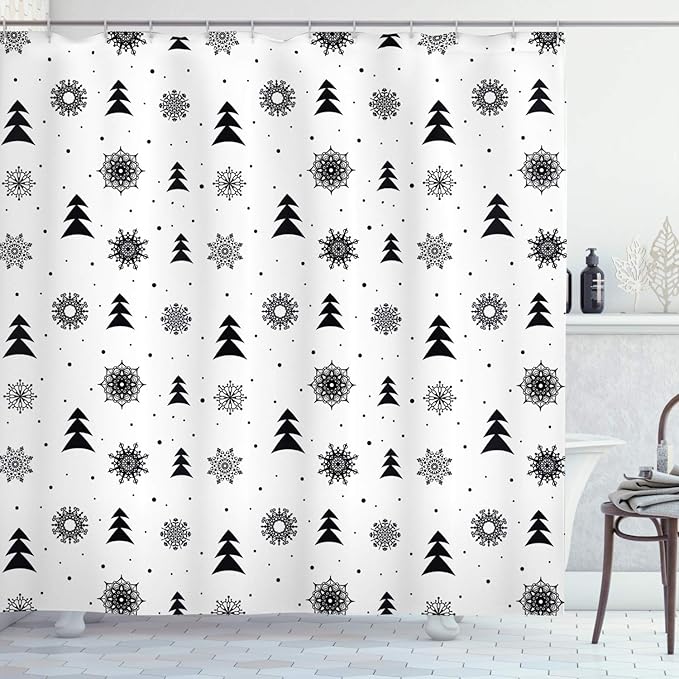 Ambesonne Nordic Shower Curtain, Christmas Pine Trees Snowflakes Noel Winter North Holiday Celebration Graphic Art, Cloth Fabric Bathroom Decor Set with Hooks, 69" W x 75" L, Black White