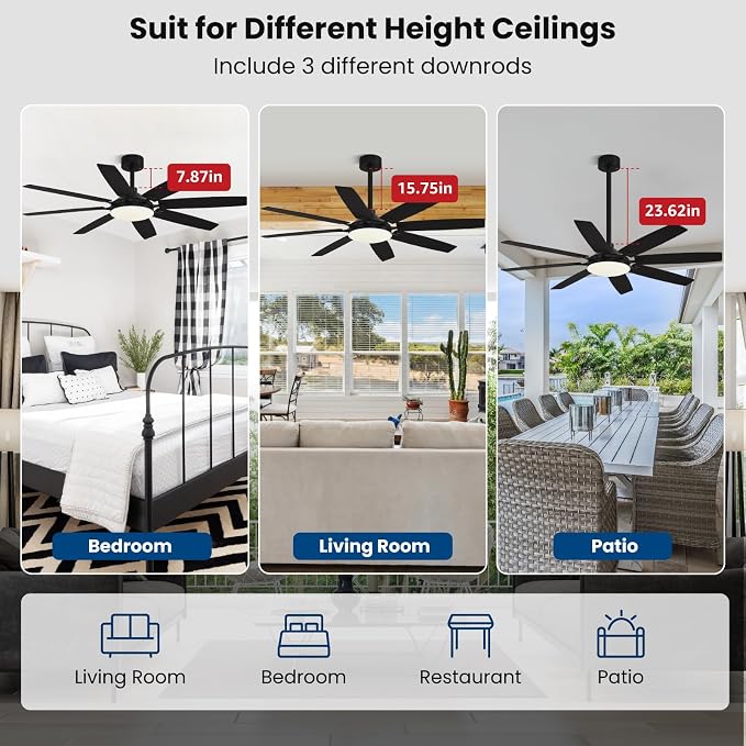 Conciseer Modern 65 Inch Ceiling Fans with Lights and Remote for Living Room Home Office Indoor/Outdoor,3CCT LED 36W, Dual Color 8 Blades 6 Speed Reversible Quiet DC Motor, Black/Wood Grain