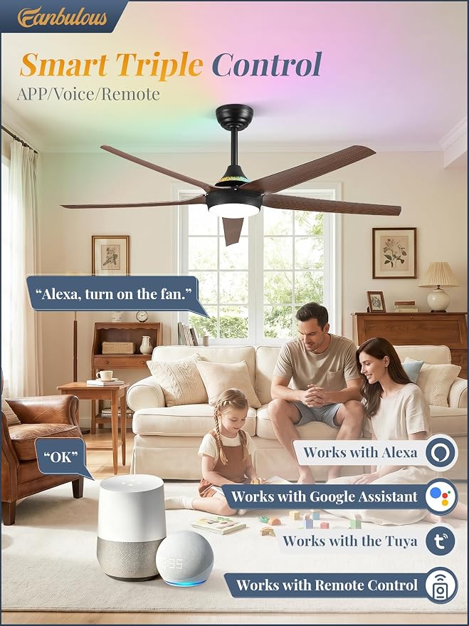 Fanbulous 56'' Smart Ceiling Fans with RGB Lights, Modern Ceiling Fan with Alexa/App/Remote Control, Dimmable LED Light, Reversible DC Motor, for Living Room, Bedroom, Game Room, Walnut
