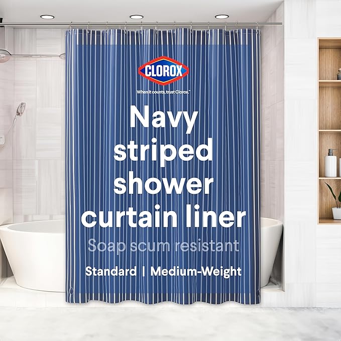 Clorox Shower Curtain Liner, Premium Striped Medium-Weight Durable Waterproof 6g PEVA for Bathroom with Weighted Magnets, Printed Standard Size 72" x 72", Navy