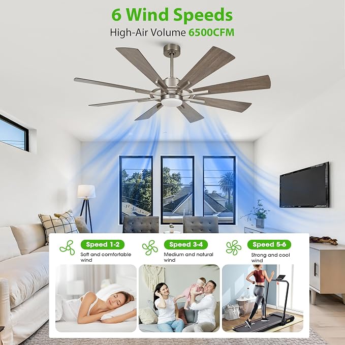 60 inch Large Ceiling Fans with Lights and Remote, Indoor/Outdoor Nickel Ceiling Fan, 8 Blades, Quiet DC Motor, Ceiling Fan 60 inch for Kitchen Living Room Garage, 3 CCT, 6 Speed, Timer