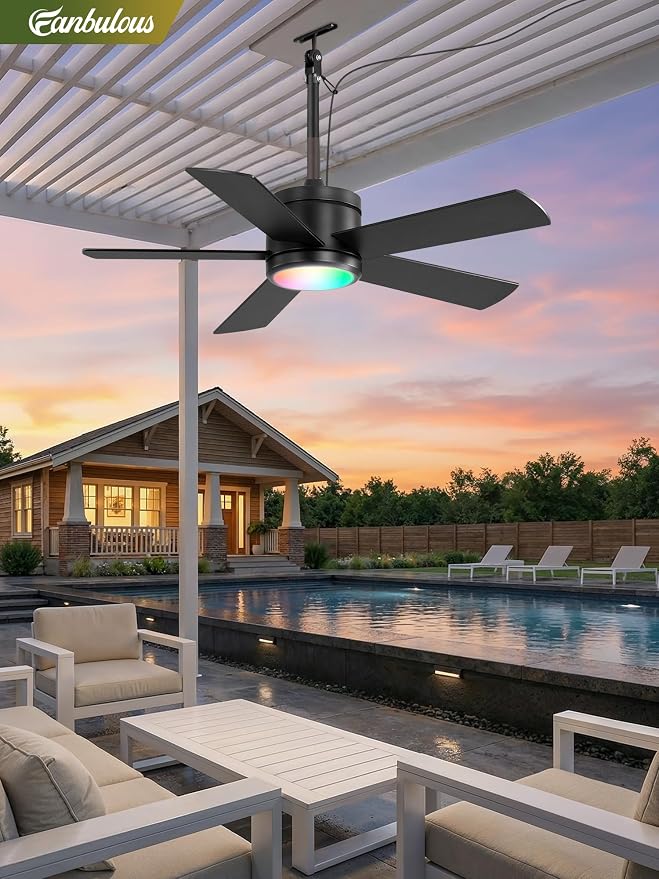 Fanbulous 42" Outdoor Ceiling Fans with Lights, APP Remote Control, IP65 Waterproof, RGB Dimmable Light, Plug-and Play,10FT Cord, 6-Speeds, 3CCT, Hook Hanging Fan for Gazebo Patio Porch Canopy(Black)