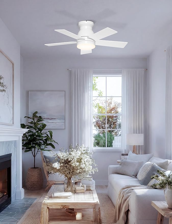 32'' White Low Profile Ceiling Fan with Light for Nursery Room | Quiet DC Motor, Flush Mount, 3CCT Dimmable, Modern Small Room Ceiling Fan with App/Remote Control