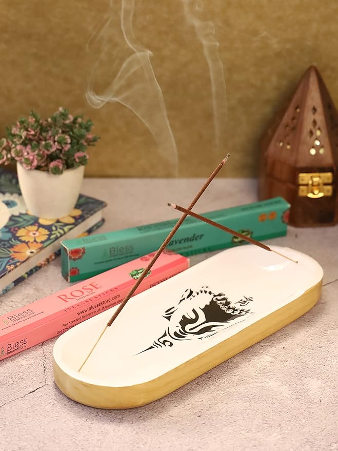 Bless-International Traditional-Handmade-Tray-Burner Wooden-Trat-Incense-Stick-Holder Ash-Catcher-Stand for-Aromatherapy-Meditation-Yoga (Black & White Buddha, 11x4x1.22 Inches)