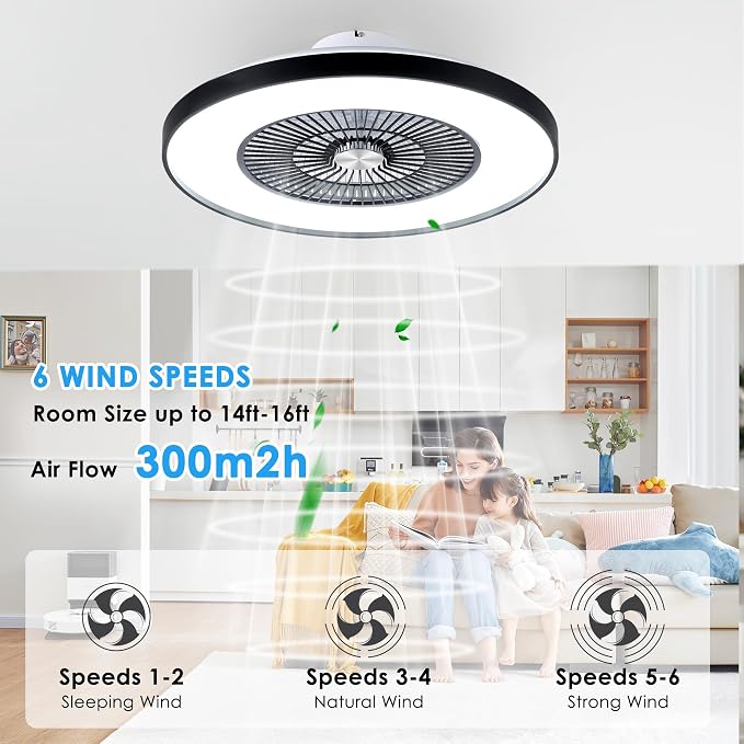 24" Bladeless Ceiling Fans with Lights and Remote/APP/Voice Control, Low Profile Ceiling Fan with RGB Lights, Enclosed Flush Mount Ceiling Fan for Kid's Bedroom/Living Room
