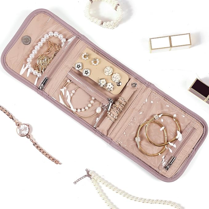 BELALIFE Travel Jewelry Case, Jewelry Organizer Roll for Accessories | Bag with foldable roll design for earrings, necklaces, rings, bracelets and brooches,Peach-Pink