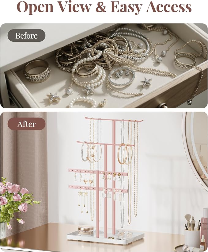 pickpiff Pink Jewelry Organizer: 14.5" Sturdy Stand for 80 Pcs Jewelry
