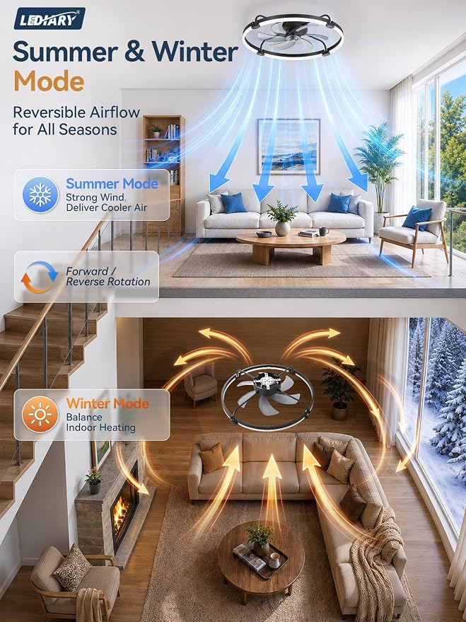 LEDIARY 26" Ceiling Fans with Lights and Remote, Low Profile,Large, Black | 3000K-6000K Stepless Dimmable Fandelier, Reversible DC Motor, Remote and APP Control, Bedroom Kitchen Living Room