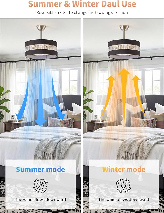 Black and Silver Crystal Fandelier Ceiling Fans with Lights, 20" Farmhouse Rustic Ceiling Fan with Light Remote Control, Caged Mid-Century with 6 Speeds for Bedroom, Nursery, Living Room