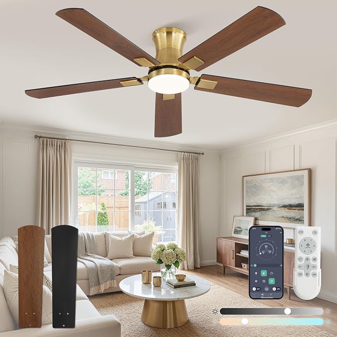 Fanbulous 52 inch ceiling fan with light, Low Profile Ceiling Fan with Light, App&Remote Control, Dimmable LED Light, Flush Mount Ceiling Fan for Indoor Bedroom Living Room, Qiuet DC Motor