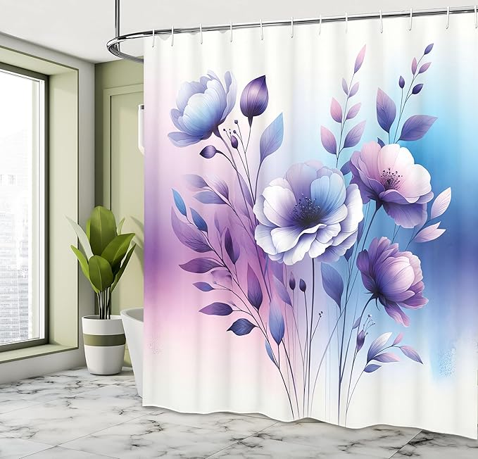Ambesonne Purple Shower Curtain, Simple Spring Poppy Flowers with Tender Leaves in a Dreamy Color Palette, Cloth Fabric Bathroom Decor Set with Hooks, 69" W x 75" L, Sea Blue Lilac Indigo