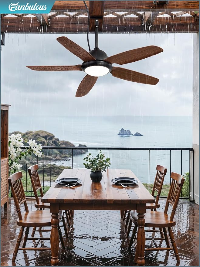 Fanbulous 52 Inch Waterproof Outdoor Ceiling Fan with Light for patio,Brown | IP65 Wet Rated, 3CCT Dimmable Light,Remote Control,6-Speed DC Motor, Plug-in Cord, Hanging Hook for Gazebo, Porch, Pergola.