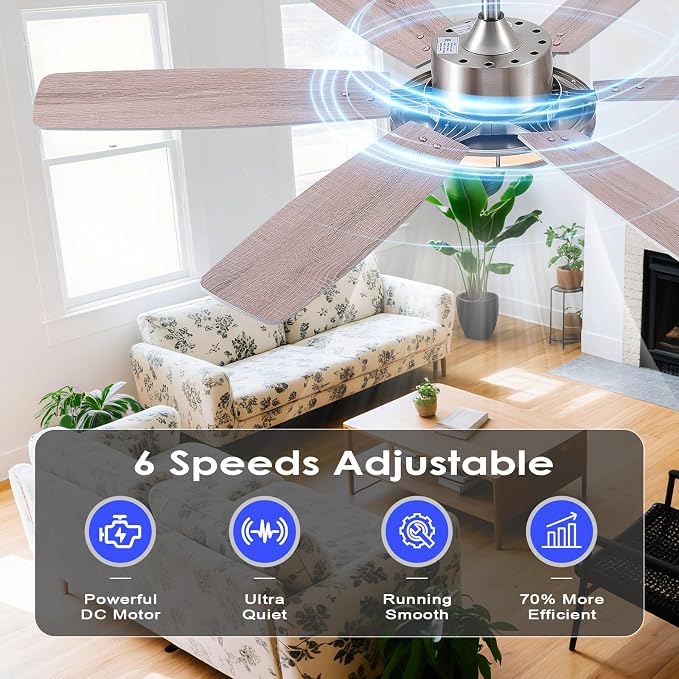 Hounber 52 Inch Ceiling Fans with Lights and Remote, Brushed Nickel Ceiling Fan with 6 Blades Dual Finish, 3CCT, Dimmable, Quiet DC Reversible Motor, Modern Ceiling Fan for Bedroom, Patio, Living Room