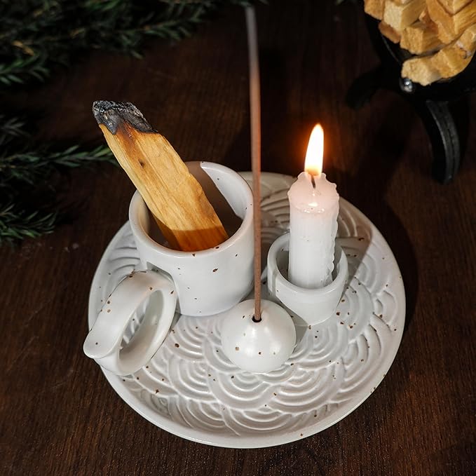 MOUGIGI 5-in-1 White Ceramic Palo Santo Burner & Holder - Small Candle and Smudge Tray for Incense Sticks & Cones, Sage, Zen Meditation Altar Accessory – Compatible with Matches for Aromatic Scents