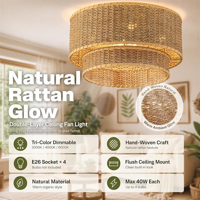 Boho Rattan Ceiling Fan with Light, Flush Mount Woven Fandelier with Remote 2 Tier Layered Caged Ceiling Fan Light Fixture 6-Speed Reversible Low Profile Fan for Bedroom Kitchen Dining Room