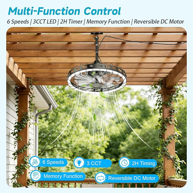 20" IP65 Waterproof Outdoor Ceiling Fan with Light, Plug-in Caged Design, 3CCT Dimmable & 6-Speed Adjustment for Patio Porch Pergola