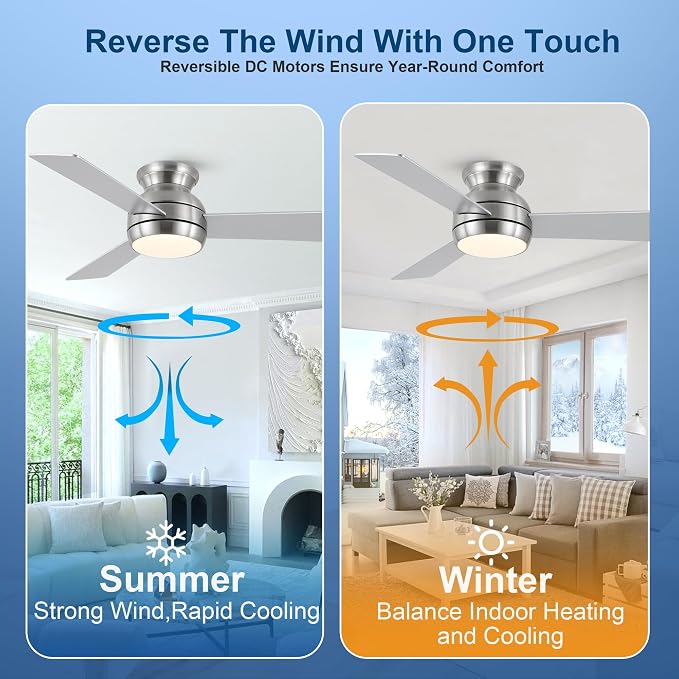 42 Inch Low Profile Ceiling Fan with Light, Brushed Nickel | Flush Mount,Remote Control,Reversible DC Motor,Wood Blades,6 Speed,3CCT Dimmable for Bedroom,Living Room