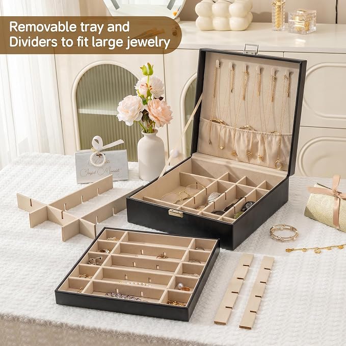 Frebeauty 50 Grid Earring Holder Organizer,2 Layer Jewelry Box for Women | Faux Leather,Velvet Lining,Adjustable Divider,Jewelry Organizer for Ring Necklace and Bracelet,for Home Use and Jewelry Store