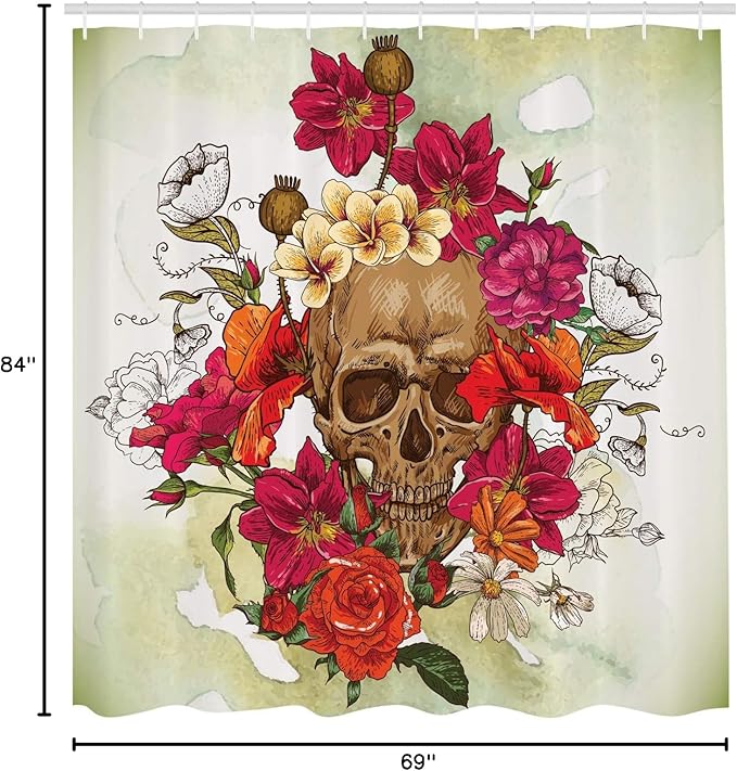 Ambesonne Skull Shower Curtain, Skull and Flowers Day of The Dead Buds Leaves Daisies Camellias Festival Art, Cloth Fabric Bathroom Decor Set with Hooks, 69" W x 84" L, Fuchsia Beige