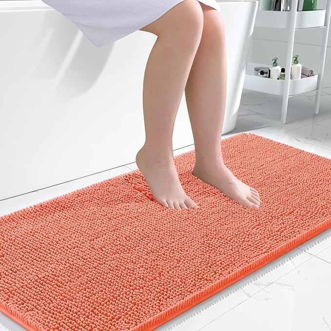 OLANLY Large Bathroom Rugs 45x27, Extra Soft Absorbent Chenille Bath Rugs, Rubber Backing Quick Dry, Machine Washable Bath Mats for Bathroom Floor, Tub and Shower, Home Decor Accessories, Coral