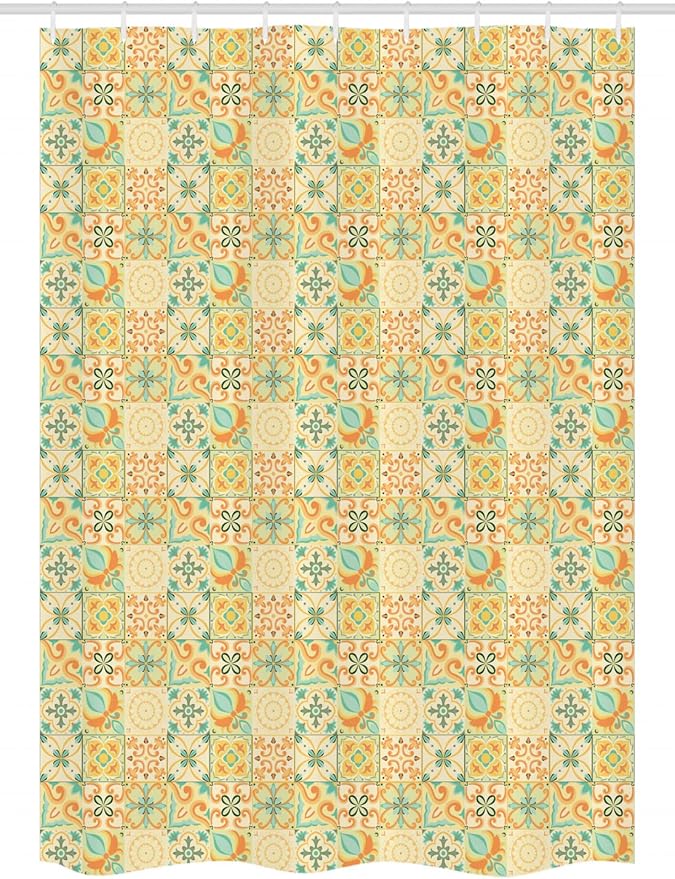 Ambesonne Vintage Stall Shower Curtain, Italian Style Checkered Pattern with Floral Motifs Traditional Antique Art Design, Fabric Bathroom Decor Set with Hooks, 54" W x 78" L, Seafoam Dark Peach