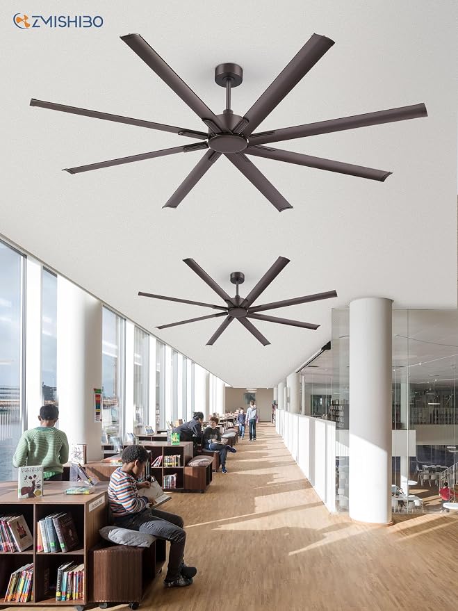 ZMISHIBO 84 Inch Industrial DC Motor Ceiling Fan, Large Ceiling Fan with 8 Reversible Blades, 3 Downrods, 6-Speed Remote Control, Home or Commercial Ceiling Fans for Porch/Garage/Shop, Oil-bronze