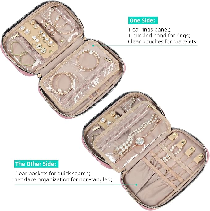 NISHEL Travel Jewelry Case Organizer, Tangle-Free Necklace Storage Bag | Stores rings, earrings, bracelets and watches in a compact case for travel and daily use, Rosewood-Pink, Medium