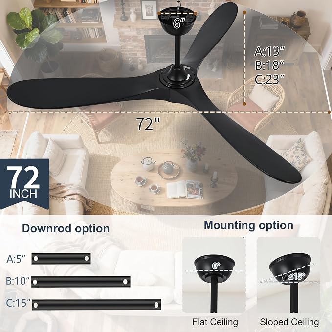 Black 72 Inch Ceiling Fan with Light and Remote, Large Modern Outdoor Ceiling Fans with Lights 3 Blade Propeller High CFM Wet Rated Exterior Fan for Patios Indoor Bedroom Living Room Gazebo