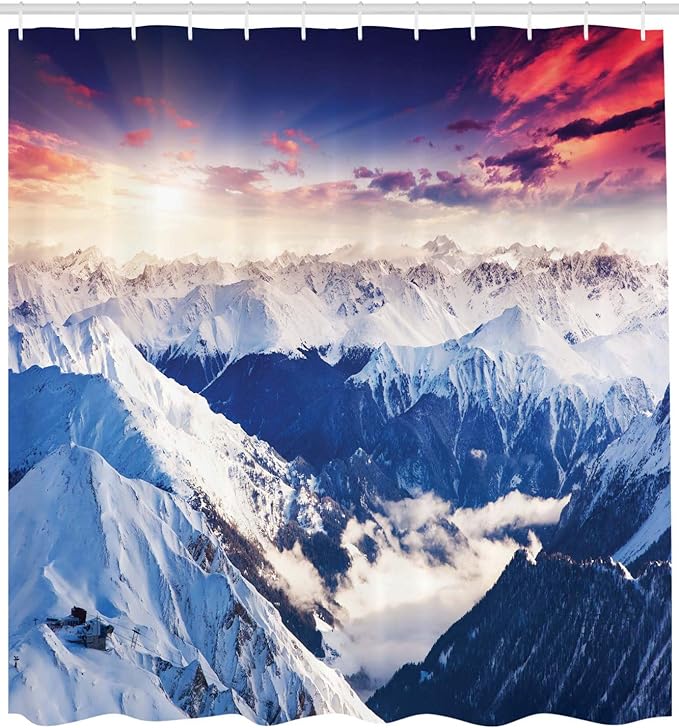 Ambesonne Europe Shower Curtain, Mountain Peak Snowy Winter Colorful Sky Sunbeams Adventure Austria, Cloth Fabric Bathroom Decor Set with Hooks, 69" W x 70" L, Coral Night
