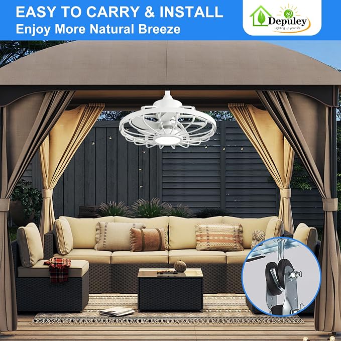 Depuley Gazebo Fans Outdoor Hanging: 20 Inch White Plug In Caged Outdoor Fan with Light and APP Remote Control - Waterproof Ceiling Fan for Patio Porch Pergola Reversible DC Motor