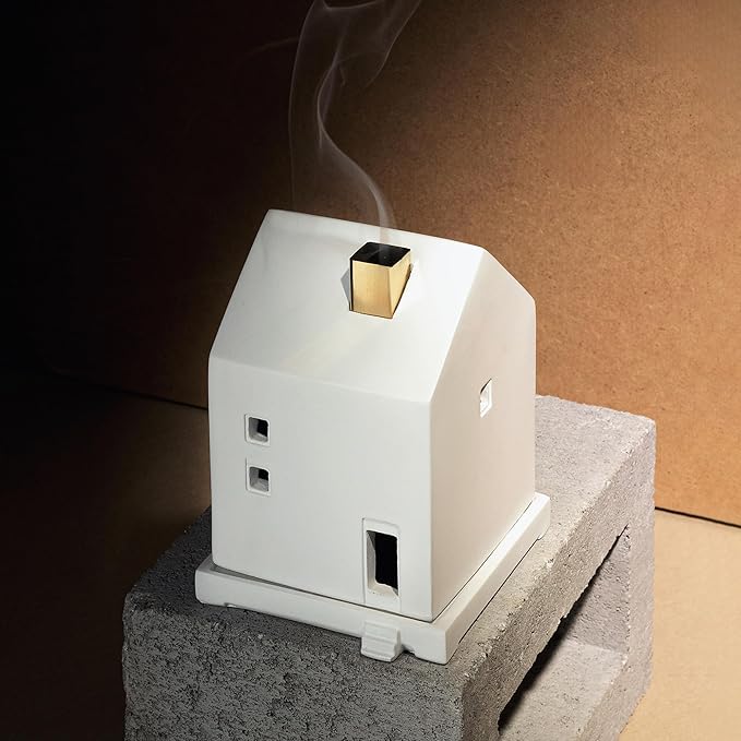 OPTATUM Grid House Incense Burner Set with Paper Incense 48pcs - Mini Chimney House Burner Incense Holder, Cute Miniature Living Room Ornament for Incense, Cones, Palo Santo, Tea Light Candles