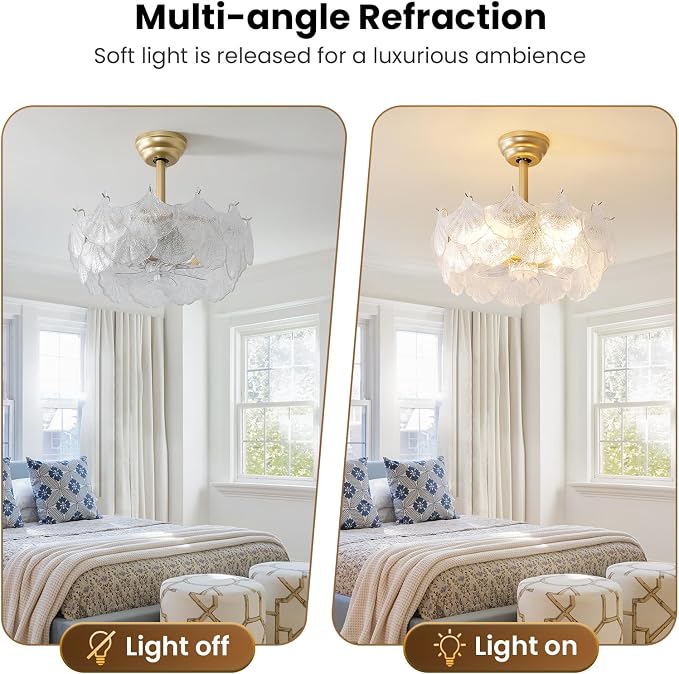 20'' Fandelier Ceiling Fans with Lights, Gold Caged Ceiling Fan with Remote Low Profile, 6 Speed and Gingko Leaf, Modern Semi Flush Mount Ceiling Fan for Bedroom, Living Room, Nursery