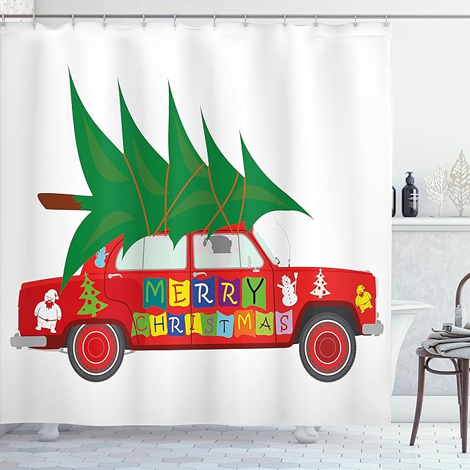 Ambesonne Christmas Shower Curtain, Red Vintage Car Xmas Tree Merry Celebration Words and Snowman Elf, Cloth Fabric Bathroom Decor Set with Hooks, 69" W x 70" L, Red Green