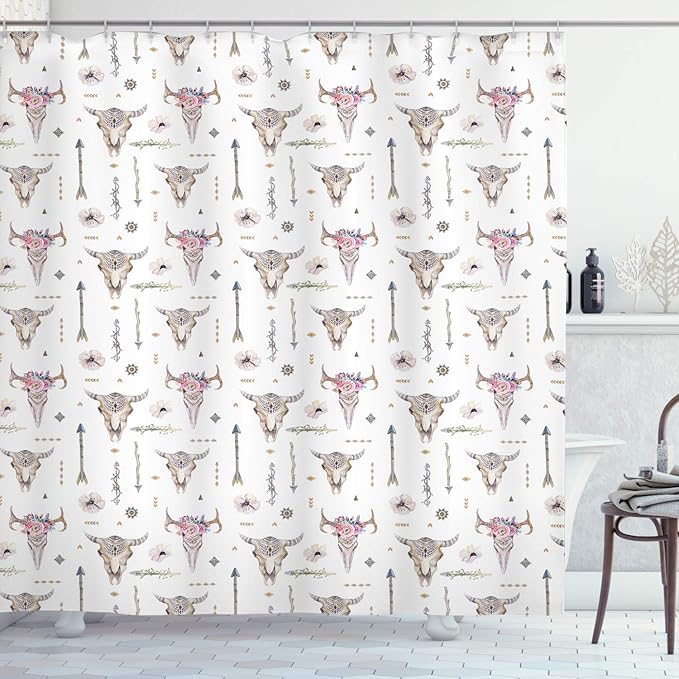 Ambesonne Arrows Shower Curtain, Pastel Colored Boho Pattern Artwork of Ornaments Feathers and Cow Skulls Rustic Themed Artwork, Cloth Fabric Bathroom Decor Set with Hooks, 69" W x 70" L, White Ivory