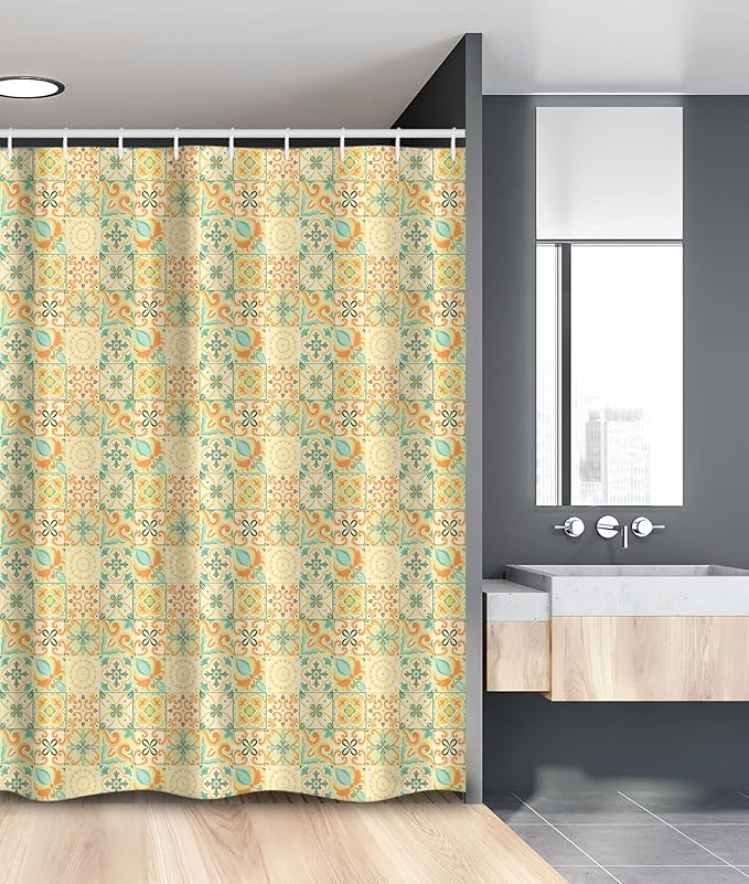 Ambesonne Vintage Stall Shower Curtain, Italian Style Checkered Pattern with Floral Motifs Traditional Antique Art Design, Fabric Bathroom Decor Set with Hooks, 54" W x 78" L, Seafoam Dark Peach