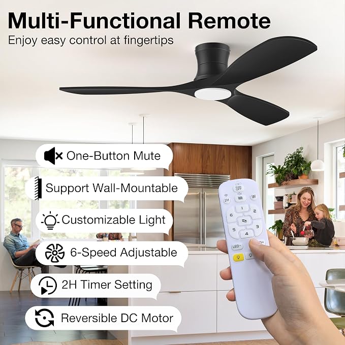 52 Inch Wood Ceiling Fans with Lights Remote,Low Profile Flush Mount Ceiling Fan with Light,Outdoor Indoor Modern Ceiling fan for Bedroom Living room Patio,Matte Black,3 Blades,Dimmable,Ultra-Quiet