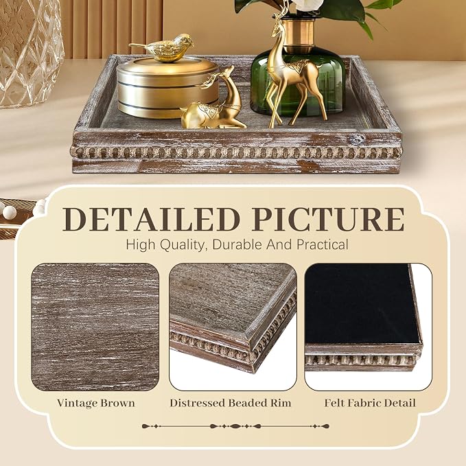 Wooden Decorative Tray, Small Serving Tray with Wood Bead, Farmhouse Big Tray for Ottoman, Countertop, Coffee Tabl, 13" x 13"x 1.6" (Retro Brown)