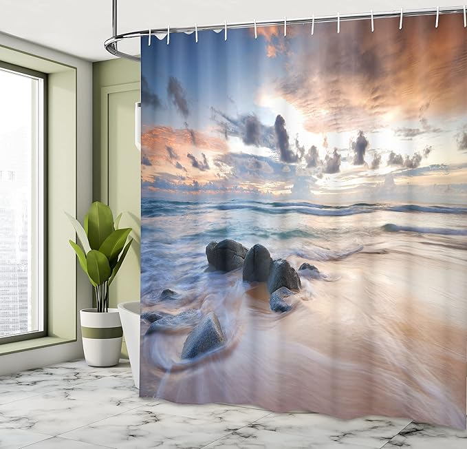 Ambesonne Coastal Shower Curtain, Rocky Coastline with Sunset Rays of Day The Clouds Landscape Beach Picture, Cloth Fabric Bathroom Decor Set with Hooks, 69" W x 75" L, Ivory Blue