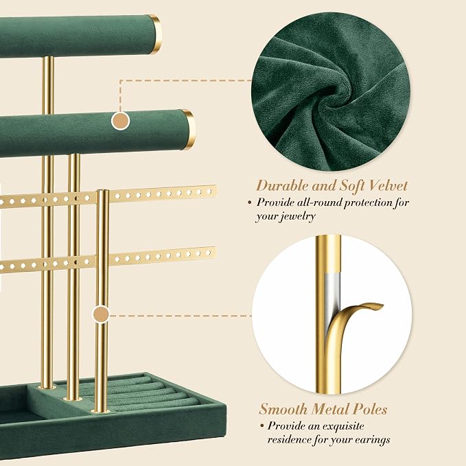 Jewelry Organizer Stand for Necklaces, Bracelets, Earrings, Rings, Green | 3 Tier Velvet Bracelet Holder Display | Jewelry Organizers and Storage | Jewelry Tree | Jewelry Towers