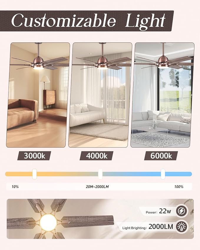 Minislak 52" Oil Rubbed Bronze Smart Ceiling Fan with Light via WiFi Alexa,6-Speeds Quiet DC Motor,Dimmable,Outdoor Antique Bronze Large Ceiling Fan for Living Room,Bedroom,Dual Finish 6 Blades