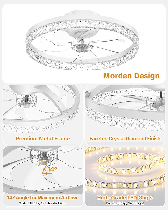 Ceiling Fans with Lights and Remote, Low Profile Ceiling Fan, Morden Flush Mount LED Fan Light, 3000K-6500K Dimmable for Bedroom, Kitchen, Living Room, Srystal, White