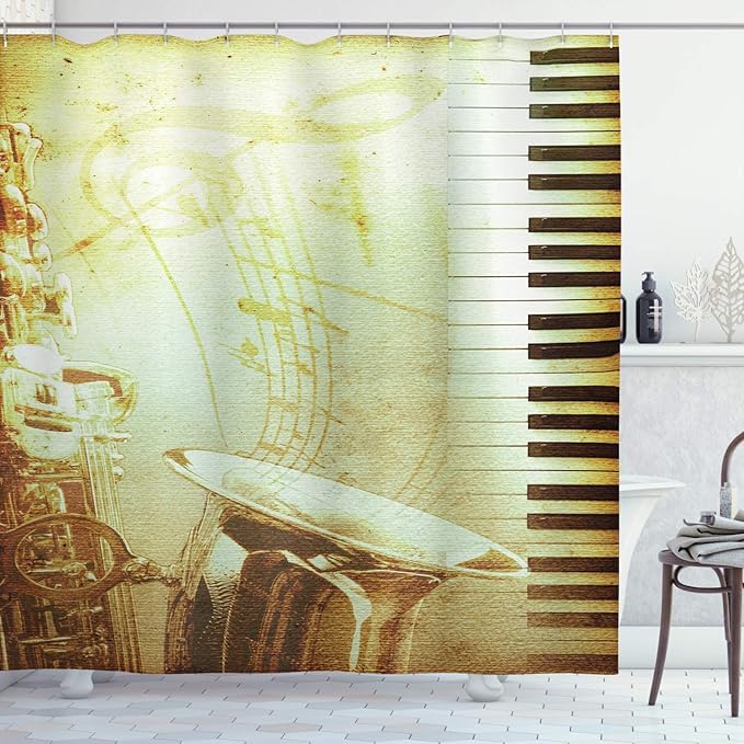 Ambesonne Music Shower Curtain, Print of Piano Keys on Background with Music Notes Image Nostalgia Jazz Theme, Cloth Fabric Bathroom Decor Set with Hooks, 69" W x 70" L, Yellow Black