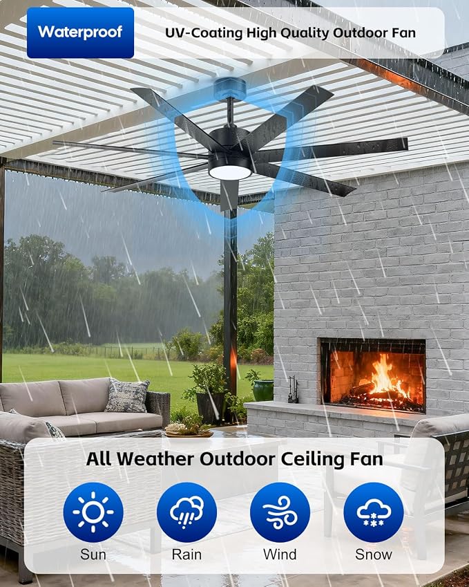 56 Inch Wet Rated Outdoor Smart Ceiling Fan with Light for Patio, All-Weather Waterproof, ETL Listed Quiet DC Motor High CFM, 7 Black Blades with UV Coating, Alexa/App/Remote, for Exterior Gazebo