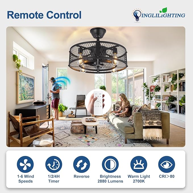 DLLT Caged Ceiling Fan with Light: 20" Farmhouse Fandelier with Lights and Remote Control - Black Rustic Semi Flush Mount Bladeless Ceiling Fans Enclosed Fan for Bedroon Kitchen Living Dining Room