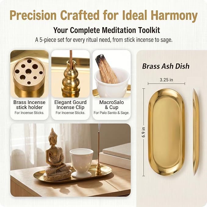 TOPZEA 6 in 1 Brass Incense Burner Holder, Palo Santo & Sage Sticks Holder, Ash Catcher Tray with Buddha Statue for Coil Incense, Incense Cone & Stick, Meditation Accessories, Yoga Room Decor